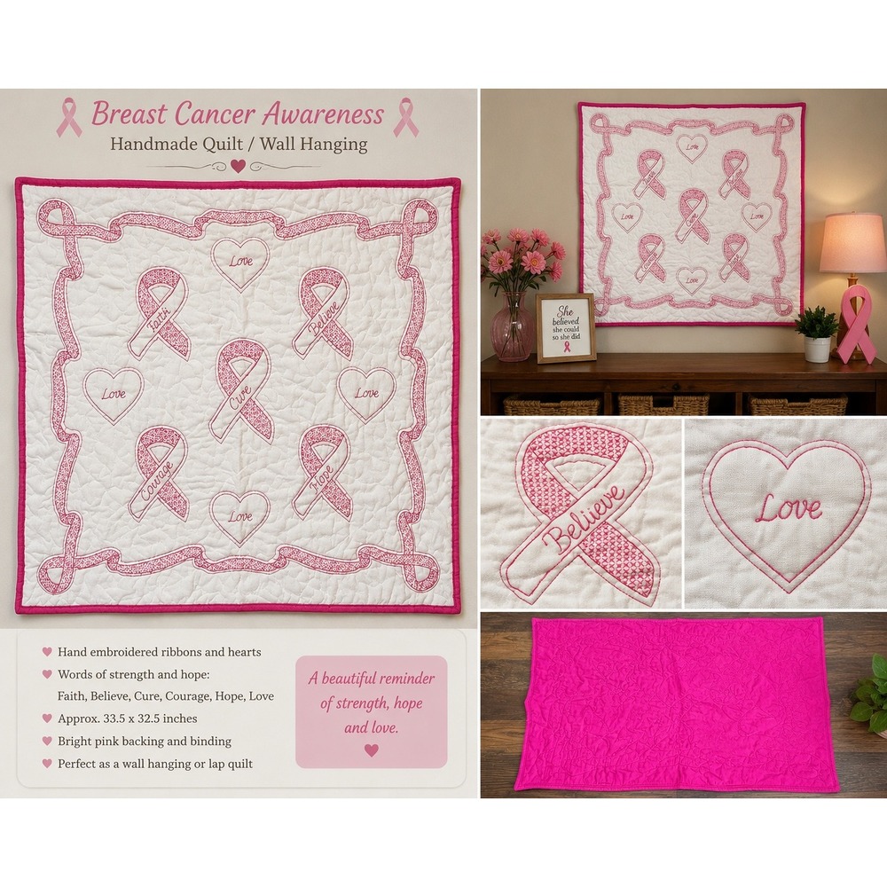 Handmade Breast Cancer Awareness Quilt Wall Hanging Hand Embroidered Pink White